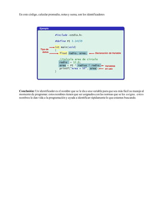 En este código, calcular promedio, notasy suma, son los identificadores
Conclusión: Un identificador es el nombre que se le da a una variable para que sea más fácil su manejo al
momento de programar.estosnombres tienen que ser asignadoscon las normas que se les asigna. estos
nombres le dan vida a la programación y ayuda a identificar rápidamente lo que estamos buscando.
 