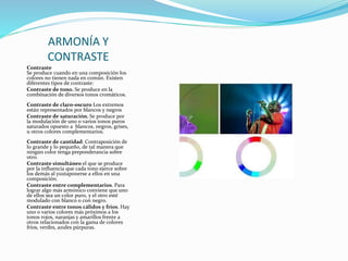 ARMONÍA Y
CONTRASTE
Contraste
Se produce cuando en una composición los
colores no tienen nada en común. Existen
diferentes tipos de contraste:
Contraste de tono. Se produce en la
combinación de diversos tonos cromáticos.
Contraste de claro-oscuro Los extremos
están representados por blancos y negros
Contraste de saturación. Se produce por
la modulación de uno o varios tonos puros
saturados opuesto a blancos, negros, grises,
u otros colores complementarios.
Contraste de cantidad. Contraposición de
lo grande y lo pequeño, de tal manera que
ningún color tenga preponderancia sobre
otro.
Contraste simultáneo el que se produce
por la influencia que cada tono ejerce sobre
los demás al yuxtaponerse a ellos en una
composición.
Contraste entre complementarios. Para
lograr algo más armónico conviene que uno
de ellos sea un color puro, y el otro esté
modulado con blanco o con negro.
Contraste entre tonos cálidos y fríos. Hay
uno o varios colores más próximos a los
tonos rojos, naranjas y amarillos frente a
otros relacionados con la gama de colores
fríos, verdes, azules púrpuras.
 