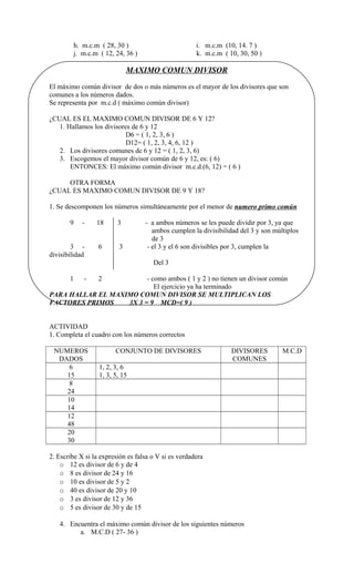 h. m.c.m ( 28, 30 ) i. m.c.m (10, 14. 7 )
j. m.c.m ( 12, 24, 36 ) k. m.c.m ( 10, 30, 50 )
MAXIMO COMUN DIVISOR
El máximo común divisor de dos o más números es el mayor de los divisores que son
comunes a los números dados.
Se representa por m.c.d ( máximo común divisor)
¿CUAL ES EL MAXIMO COMUN DIVISOR DE 6 Y 12?
1. Hallamos los divisores de 6 y 12
D6 = ( 1, 2, 3, 6 )
D12= ( 1, 2, 3, 4, 6, 12 )
2. Los divisores comunes de 6 y 12 = ( 1, 2, 3, 6)
3. Escogemos el mayor divisor común de 6 y 12, es: ( 6)
ENTONCES: El máximo común divisor m.c.d.(6, 12) = ( 6 )
OTRA FORMA
¿CUAL ES MAXIMO COMUN DIVISOR DE 9 Y 18?
1. Se descomponen los números simultáneamente por el menor de numero primo común
9 - 18 3 - a ambos números se les puede dividir por 3, ya que
ambos cumplen la divisibilidad del 3 y son múltiplos
de 3
3 - 6 3 - el 3 y el 6 son divisibles por 3, cumplen la
divisibilidad
Del 3
1 - 2 - como ambos ( 1 y 2 ) no tienen un divisor común
El ejercicio ya ha terminado
PARA HALLAR EL MAXIMO COMUN DIVISOR SE MULTIPLICAN LOS
FACTORES PRIMOS 3X 3 = 9 MCD=( 9 )
ACTIVIDAD
1. Completa el cuadro con los números correctos
NUMEROS
DADOS
CONJUNTO DE DIVISORES DIVISORES
COMUNES
M.C.D
6
15
1, 2, 3, 6
1, 3, 5, 15
8
24
10
14
12
48
20
30
2. Escribe X si la expresión es falsa o V si es verdadera
o 12 es divisor de 6 y de 4
o 8 es divisor de 24 y 16
o 10 es divisor de 5 y 2
o 40 es divisor de 20 y 10
o 3 es divisor de 12 y 36
o 5 es divisor de 30 y de 15
4. Encuentra el máximo común divisor de los siguientes números
a. M.C.D ( 27- 36 )
 