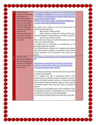 9 Librode Oviedo
¿Cuálessonlostítulos
que usabanen la
tierraCuevapara las
diferentespersonasy
cómo unindiopodía
subirde linaje?120 p
¿Cómose vestían las
mujeresylosindios
cuevasenlas
diferentespartesde
su cuerpoy como las
mujeresse sostenían
sus senos?
http://books.google.com.pa/books?id=lmGoRbaJThAC&p
g=PA642&lpg=PA642&dq=discurso+de++Vasco+N%C3%B
A%C3%B1ez+de+Balboa&source=bl&ots=Wq6Zm4ydcn&
sig=jrcrQXcecwUOUjFCbCgYlT-
TSlA&hl=es&sa=X&ei=joPgUu_wOrTNsASCjIH4Ag&redir_
esc=y#v=snippet&q=los%20caribes&f=false
Los títulos que usaban en la tierra Cueva para las
diferentes personas eran:
1. Baxa: Gente o indios común.
2. Cabra: Gente o indios de la milicia militar que
poseían hidalguía o nobleza tierras, animales y mujeres.
3. Quevi o saco: Jefe de la tribu.
Ellos subían de linaje por medio de batallas entre dos
indios y se señala al herido.
La sangre que es derramada es considerada les da
privilegio y título de nobleza.
Sus descendientes varones eran llamados cabra desde
que nacen ya que sucedían a sus padres y por lo tanto
desde temprano se le ensenaba el arte militar de la
guerra.
1
0
¿Oviedo,cómo
describe enlapágina
224, losefectosde un
animal enel hombre y
enlosperros? ¿Qué
animal era?5
http://www.cervantesvirtual.com/FichaAutor.html?Ref=3
60
http://www.cervantesvirtual.com/obra-visor/historia-
general-y-natural-de-las-indias-islas-y-tierrafirme-del-
mar-oceano-primera-parte--0/html/
El animal que describía Oviedo eran zorrillas que tenía
un hedor incomparable.
En el hombre ese olor le penetraba hasta lo más
profundo de sus entrañas aunque estuviese muy lejos.
Que si el hombre tocaba el animal su hedor se le subía
hasta arriba y tenía que bañarse, lavar su ropa y aun así
ese hedor duraba varios días que hasta le quitaba el
apetito.
Los perros los correteaban pero no los mataban es más
se apartaban atónicos y revolcándose en la tierra para
desechar el mal olor que se le había pegado.
En loscaballosperdíael apetitode comer por varios días.
 