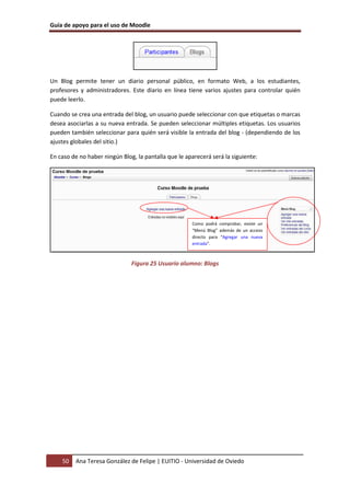 Guía de apoyo para el uso de Moodle




Un Blog permite tener un diario personal público, en formato Web, a los estudiantes,
profesores y administradores. Este diario en línea tiene varios ajustes para controlar quién
puede leerlo.

Cuando se crea una entrada del blog, un usuario puede seleccionar con que etiquetas o marcas
desea asociarlas a su nueva entrada. Se pueden seleccionar múltiples etiquetas. Los usuarios
pueden también seleccionar para quién será visible la entrada del blog - (dependiendo de los
ajustes globales del sitio.)

En caso de no haber ningún Blog, la pantalla que le aparecerá será la siguiente:




                                                      Como podrá comprobar, existe un
                                                      “Menú Blog” además de un acceso
                                                      directo para “Agregar una nueva
                                                      entrada”.



                               Figura 25 Usuario alumno: Blogs




    50   Ana Teresa González de Felipe | EUITIO - Universidad de Oviedo
 