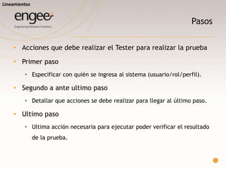 Título
o Usar operadores lógicos siempre que se pueda!
o Ayuda a identificar los casos ‘N’
Incorrecto
 “Eliminar un cliente con facturas asociadas.”
Correcto
 “Cliente. Facturas > 1. Eliminar.”
Esto ayuda a identificar más
rápido otros casos:
Cliente. Facturas = 0. Eliminar.
Cliente. Facturas = 1. Eliminar.
Lineamientos
 