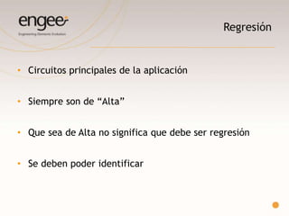 Generales
o No hacer un CP por cada campo obligatorio.
o No hacer un CP por cada dato inválido.
o La definición de casos es un proceso creativo. ¡Se debe pensar para definir!
o ¡Los casos de prueba deben estar actualizados!
Lineamientos
 