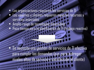 • Las organizaciones requieren los servicios de TI
• Los usuarios y clientes requieren mayores recursos y
  servicios avanzados
• Amplio rango de tecnologías disponibles
• Poco tiempo para la planificación de TI (trabajo reactivo)



• Se necesita una gestión de servicios de TI efectiva
  para cumplir las demandas (p.e. para entregar
  niveles altos de servicio y satisfacción al cliente)
 