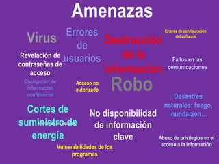 Amenazas
               Errores                                         Errores de configuración

   Virus de Destrucción                                              del software



 Revelación de
               usuarios de la                                      Fallos en las
contraseñas de
   acceso                                   información          comunicaciones

 Divulgación de
  información
  confidencial
                               Acceso no
                               autorizado    Robo                 Desastres
                                                               naturales: fuego,
  Cortes de                          No disponibilidad          inundación…
suministro de
      Averías de los equipos
                                      de información
   energía                                 clave       Abuso de privilegios en el
                  Vulnerabilidades de los                     acceso a la información
                        programas
 