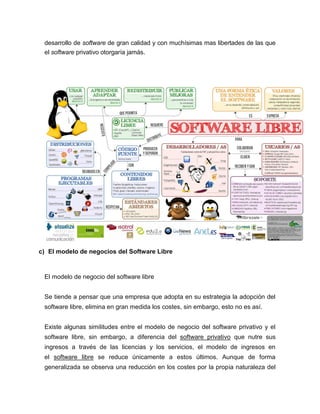 desarrollo de software de gran calidad y con muchísimas mas libertades de las que
el software privativo otorgaría jamás.
c) El modelo de negocios del Software Libre
El modelo de negocio del software libre
Se tiende a pensar que una empresa que adopta en su estrategia la adopción del
software libre, elimina en gran medida los costes, sin embargo, esto no es así.
Existe algunas similitudes entre el modelo de negocio del software privativo y el
software libre, sin embargo, a diferencia del software privativo que nutre sus
ingresos a través de las licencias y los servicios, el modelo de ingresos en
el software libre se reduce únicamente a estos últimos. Aunque de forma
generalizada se observa una reducción en los costes por la propia naturaleza del
 