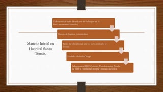 Colocación de tubo Pleural por los hallazgos en E-
fast ( neumotórax derecho)
Manejo de líquidos y electrolitos
Retiro de tubo pleural una vez se ha realizado el
drenaje.
Traslado a Sala de Cirugía
Laboratorios(BHC, Química, Procalcitonina, Prueba
de VIH) y Antibiótico terapia y manejo del dolor.
Manejo Inicial en
Hospital Santo
Tomás.
 