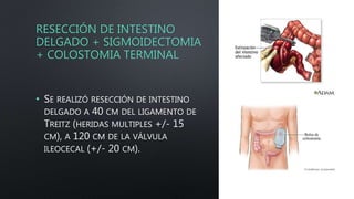 RESECCIÓN DE INTESTINO
DELGADO + SIGMOIDECTOMIA
+ COLOSTOMIA TERMINAL
• SE REALIZÓ RESECCIÓN DE INTESTINO
DELGADO A 40 CM DEL LIGAMENTO DE
TREITZ (HERIDAS MULTIPLES +/- 15
CM), A 120 CM DE LA VÁLVULA
ILEOCECAL (+/- 20 CM).
 