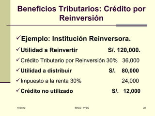 Beneficios Tributarios: Crédito por
           Reinversión

Ejemplo: Institución Reinversora.
Utilidad a Reinvertir                  S/. 120,000.
 Crédito Tributario por Reinversión 30% 36,000
 Utilidad a distribuir                 S/.   80,000
 Impuesto a la renta 30%                     24,000
 Crédito no utilizado                   S/. 12,000

17/07/12                  MACO - PFDC                  28
 