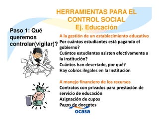 HERRAMIENTAS PARA EL
                        CONTROL SOCIAL
Paso 1: Qué
                          Ej. Educación
queremos            A la gestión de un establecimiento educativo
controlar(vigilar)? Por cuántos estudiantes está pagando el
                      gobierno?
                      Cuántos estudiantes asisten efectivamente a
                      la Institución?
                      Cuántos han desertado, por qué?
                      Hay cobros ilegales en la Institución

                      A manejo financiero de los recursos
                      Contratos con privados para prestación de
                      servicio de educación
                      Asignación de cupos
                      Pagos de docentes
 
