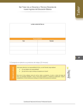 Ser Tutor de un Docente o Técnico Docente de
nuevo ingreso de Educación Básica
37
Taller
Coordinación Nacional del Servicio Profesional Docente
La labor central del Tutor es:
Responsabilidades
Tutor Tutorado
	
3. Compartan en plenaria sus productos de trabajo. (25 minutos).
Ideasparalaplenaria
Cada equipo seleccione una responsabilidad del Tutor y una del Tutorado, luego expliquen:
•	 ¿Por qué eligieron esa responsabilidad?
•	 ¿De qué forma su logro contribuye al propósito de la Tutoría?
Para cerrar el tema, platiquen acerca de cuál es, desde su perspectiva, el centro o núcleo del trabajo del
Tutor, sus principales actividades y cómo en éste puede prevalecer un ambiente de colaboración, respeto y
compañerismo, al mismo tiempo que contribuya a la mejora de las prácticas de enseñanza.
 