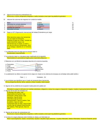 31     Algunos de los tipos de contenedores son:
       R/comunes o dryvan,refrigerados,integrados o reefer,insulados conair,open top,plataforma,granelero

32     relacione las columnas de magnitud con unidad de medida

1      Masa                                               a kelvin                                                    1c
2      Intensidad de corriente eléctrica                  b candela                                                   4d
3      Temperatura termodinámica                          c kilogramo                                                 5b
4      Cantidad de sustancia                              d mol                                                       2e
5      Intensidad luminosa                                e amperio                                                   3a

33     Según la OIT (Organización internacional del trabajo) Entendemos por carga:


       R/Se denomina carga a las mercancías
       que son objeto de transporte
       mediante el pago de un flete. También se
       puede denominar carga a las
       mercancias que un buque, un avión u
       otro tipo de vehículo transportador, tiene
       en su bodega o depósito en un momento
       dado.

 1 Los diferentes tipos de carga que se conocen estan estandarizados como:
     R/uniterizada y desunitarizada

 2 Los productos según su naturaleza estan clasificados de la siguiente
     R/perecederos,no perecederos,fragiles,pesos especiales,peligrosos.

 3 Relacione con una flecha la naturaleza descrita en la columna izquierda,

     a- Perecedero                                     1- Quimicos
     b- Frágil                                        2- Vidrios
     c- Dimensional                                    3- Carnicos
     d- Peligrosa                                     4- Maquinaria
     e- Pesos                                         5- Hierrro

 4 La paletización se refiere a la sujecion de la carga con vinipel en los sistemas de empaque y/o embalaje sobre pallet (estiba )

                              Falso ( )                  Verdadero (X)

 5 Los símbolos que identifican que un medio de transporte lleva mercancías
   R/ los pictogramas,Bomba, llama, calavera y tibias cruzadas, trébol esquematizado, tubos de ensayo

6. Algunos de los problemas de ocupación inadecuada de la paleta son:

      R/impiden la carga en vehículos con medidas estándares, obligando a colocar las cargas en disposición irregular, impiden el aprovechamiento total de las super
7. Algunos de los tipos de embalaje son:
      R/ Bandeja, Box palet, Caja
      dispensadora de líquidos, Caja
      envolvente o Wrap around, Caja
      expositora, Caja de fondo
      automático,Caja de fondo
      semiautomático, Caja de madera, Caja
      de plástico, Caja con rejilla
      incorporada,Caja con tapa, Caja de tapa
      y fondo,Caja de solapas,Cesta,Estuche,
      Film plástico, Plató agrícola, Saco de
      papel

8. Algunos de los tipos de contenedores son:
      R/comunes o dryvan,refrigerados,integrados o reefer,insulados conair,open top,plataforma,granelero

 9 Las tipos de cargas peligrosas estan divididas en clases y en total estas son:
     R/son nueve:Explosivos, Gases: comprimidos, líquidos o disueltos bajos presiones., Líquidos Inflamable, Sólidos Inflamables, Sustancia Oxidante, peroxido org
 