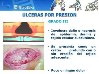 GRADO III
• Involucra daño o necrosis
de epidermis, dermis y
tejido celular subcutáneo.
• Se presenta como un
cráter profundo con o
sin erosión del tejido
adyacente.
• Poco o ningún dolor
 