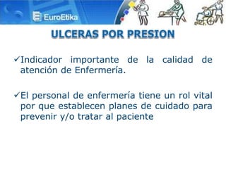 Indicador importante de la calidad de
atención de Enfermería.
El personal de enfermería tiene un rol vital
por que establecen planes de cuidado para
prevenir y/o tratar al paciente
 