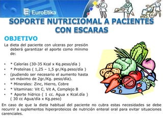 OBJETIVO
La dieta del paciente con ulceras por presión
deberá garantizar el aporte como mínimo
de:
• * Calorías (30-35 Kcal x Kq.peso/día )
• * Proteínas ( 1,25 – 1,5 gr./Kg.peso/día )
• (pudiendo ser necesario el aumento hasta
un máximo de 2gr./Kg. peso/día).
• * Minerales: Zinc, Hierro, Cobre
• * Vitaminas: Vit C, Vit A, Complejo B
• * Aporte hídrico ( 1 cc. Agua x Kcal.día )
( 30 cc Agua/día x Kg.peso)
En caso de que la dieta habitual del paciente no cubra estas necesidades se debe
recurrir a suplementos hiperproteicos de nutrición enteral oral para evitar situaciones
carenciales.
 