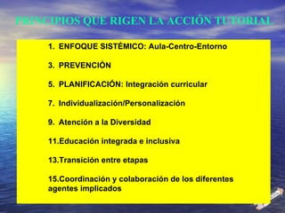 PRINCIPIOS QUE RIGEN LA ACCIÓN TUTORIAL <ul><ul><ul><li>ENFOQUE SISTÉMICO: Aula-Centro-Entorno </li></ul></ul></ul><ul><ul...