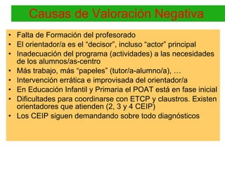 Causas de Valoración Negativa  <ul><li>Falta de Formación del profesorado </li></ul><ul><li>El orientador/a es el “decisor...