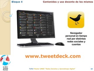 Navegador
                      personal en tiempo
                       real por distintas
                       redes sociales y
                            cuentas




          www.tweetdeck.com

© 2011
Vicente                                     18
Montiel
 