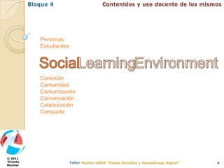 Personas
          Estudiantes




          Conexión
          Comunidad
          Comunicación
          Conversación
          Colaboración
          Comparte




© 2011
Vicente                  4
Montiel
 