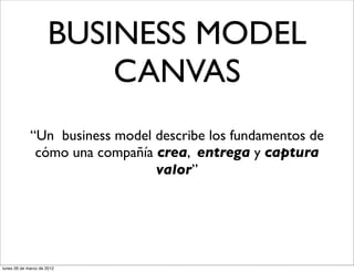 BUSINESS MODEL
                         CANVAS
             “Un business model describe los fundamentos de
              c...