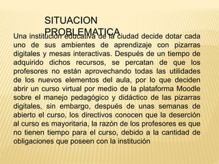 SITUACION
PROBLEMATICAUna institución educativa de la ciudad decide dotar cada
uno de sus ambientes de aprendizaje con pizarras
digitales y mesas interactivas. Después de un tiempo de
adquirido dichos recursos, se percatan de que los
profesores no están aprovechando todas las utilidades
de los nuevos elementos del aula, por lo que deciden
abrir un curso virtual por medio de la plataforma Moodle
sobre el manejo pedagógico y didáctico de las pizarras
digitales, sin embargo, después de unas semanas de
abierto el curso, los directivos conocen que la deserción
al curso es mayoritaria, la razón de los profesores es que
no tienen tiempo para el curso, debido a la cantidad de
obligaciones que poseen con la institución
 
