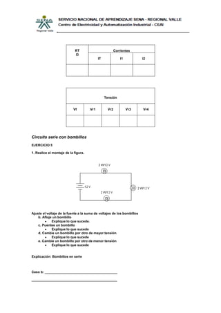 RT                           Corrientes
                            Ω
                                            IT               I1         I2




                                                 Tensión


                           Vf         Vr1          Vr2            Vr3   Vr4




Circuito serie con bombillos
EJERCICIO 5

1. Realice el montaje de la figura.




Ajuste el voltaje de la fuente a la suma de voltajes de los bombillos
    b. Afloje un bombillo
             Explique lo que sucede.
    c. Puentee un bombillo
             Explique lo que sucede
    d. Cambie un bombillo por otro de mayor tensión
             Explique lo que sucede
    e. Cambie un bombillo por otro de menor tensión
             Explique lo que sucede


Explicación: Bombillos en serie



Caso b: _______________________________________

______________________________________________
 