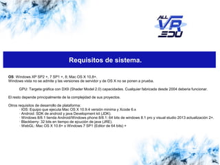 Haga clic para modificar el estilo de subtítulo del patrónClick to edit Master subtitle style
13/07/1513/07/1526/03/15
Requisitos de sistema.
OS: Windows XP SP2 +, 7 SP1 +, 8; Mac OS X 10,8+.
Windows vista no se admite y las versiones de servidor y de OS X no se ponen a prueba.
GPU: Targeta gráfica con DX9 (Shader Model 2.0) capacidades. Cualquier fabricada desde 2004 deberia funcionar.
El resto depende principalmente de la complejidad de sus proyectos.
Otros requisitos de desarrollo de plataforma:
· IOS: Equipo que ejecuta Mac OS X 10.9.4 versión minima y Xcode 6.x
· Android: SDK de android y java Development kit (JDK).
· Windows 8/8.1 tienda Android/Windows phone 8/8.1: 64 bits de windows 8.1 pro y visual studio 2013 actualización 2+.
· Blackberry: 32 bits en tiempo de ejcución de java (JRE).
· WebGL: Mac OS X 10.8+ o Windows 7 SP1 (Editor de 64 bits) +
 