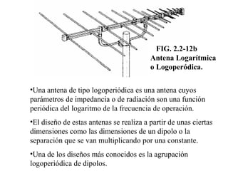 •Una antena de tipo logoperiódica es una antena cuyos
parámetros de impedancia o de radiación son una función
periódica del logaritmo de la frecuencia de operación.
•El diseño de estas antenas se realiza a partir de unas ciertas
dimensiones como las dimensiones de un dipolo o la
separación que se van multiplicando por una constante.
•Una de los diseños más conocidos es la agrupación
logoperiódica de dipolos.
FIG. 2.2-12b
Antena Logarítmica
o Logoperódica.
 