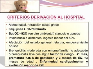 • Aleteo nasal, retracción costal grave
• Taquipnea > 60-70/minuto ,
• Sat O2 <92% (en aire ambiental) cianosis o apneas
• Intolerancia a alimentos, ingesta menor del 50%
• Afectación del estado general, letargia, empeoramiento
brusco
• Bronquiolitis moderada con entorno/familia no adecuado
ó bronquiolitis leve con algún factor de riesgo : <1 mes,
prematuro <35 s de gestación y 3 meses de EC, <3
meses de edad , Enfermedad cardiopulmonar y
evolución menor de 72hEsther Bernal
 