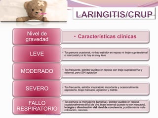 • Características clínicas
Nivel de
gravedad
• Tos perruna ocasional, no hay estridor en reposo ni tiraje supraesternal
o intercostal y si lo hay es muy leveLEVE
• Tos frecuente, estridor audible en reposo con tiraje supraesternal y
esternal, pero SIN agitaciónMODERADO
• Tos frecuente, estridor inspiratorio importante y ocasionalmente
espiratorio, tiraje marcado, agitación y distrésSEVERO
• Tos perruna (a menudo no llamativa), estridor audible en reposo
(ocasionalmente difícil de oir), tiraje esternal (puede no ser marcado),
letargia o disminución del nivel de conciencia, posiblemente mala
coloración, cianosis.
FALLO
RESPIRATORIO
Esther Bernal
 