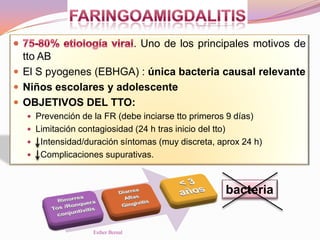 . Uno de los principales motivos de
tto AB
 El S pyogenes (EBHGA) : única bacteria causal relevante
 Niños escolares y adolescente
 OBJETIVOS DEL TTO:
 Prevención de la FR (debe inciarse tto primeros 9 días)
 Limitación contagiosidad (24 h tras inicio del tto)
 Intensidad/duración síntomas (muy discreta, aprox 24 h)
 Complicaciones supurativas.
bacteria
Esther Bernal
 