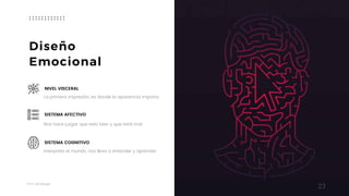 Taller	UX	Design
23
Diseño  
Emocional
Interpreta el mundo, nos lleva a entender y aprender.
SISTEMA COGNITIVO
La primera impresión, es donde la apariencia importa.
NIVEL VISCERAL
Nos hace juzgar que esta bien y que está mal.
SISTEMA AFECTIVO
 