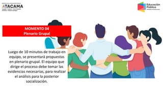 Luego de 10 minutos de trabajo en
equipo, se presentará propuestas
en plenario grupal. El equipo que
dirige el proceso debe tomar las
evidencias necesarias, para realizar
el análisis para la posterior
socialización.
MOMENTO 04
Plenario Grupal
 