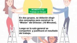 MOMENTO 02
Trabajo en Grupo
En dos grupos, se deberán elegir
dos conceptos para construir la
“Misión” del Director. (10 Minutos).
Luego en la sala general se
compartirá y justificará el resultado
del trabajo.
 