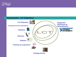 Presentación LCT Didacticos

               LCT Didacticos                         Integración:
                                                      Soluciones de
 Composición de los Laboratorios                      Automatización

                Interfaces



               Sensores


                   Software

        Practicas de Laboratorio




                                   Catalogo Vernier
 