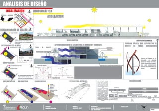 ANALISIS DE DISEÑO
COLOMBIA CASANARE
AGUAZUL
ASOLEACION
BIOCLIMÁTICALOCALIZACION
CONTIENE:
ANALISIS DE DISEÑO
DOCENTE:
MAURICIO GOMEZ
ESTUDIANTE:
ENRIQUE ISAAC VILLAGRAN CACHIMUEL
cod. 2012051038
ESCALA 1:200
PANEL
DETERMINANTES DE VÍAS
DETERMINANTES DE VÍAS
COMPOSICIÓN
IMPLANTACION
PLAZA DE TORO
DENTRO DEL MUNDO DE LA
ECOLOGÍA, LA ENERGÍA
EÓLICA ES UNA DE LAS FUEN-
TES DE ENERGÍAS ALTERNATI-
VAS A LOS COMBUSTIBLES
FÓSILES MÁS FAVORABLES AL
MEDIO AMBIENTE.
TURBINA EÓLICA QUE APROVECHA EL
VIENTO EN TODAS DIRECCIONES
AEROGENERADORES
ROSA DEL VIENTO
BIOCLIMÁTICA
ORGANIGRAMA
SALA DE
ESPERA
PLAZOLETA
GALERÍAS
TEATRO
ENSAYOS
SALÓN DE
DESCANSO
INFORMACIÓN
ENFERMERÍA TALLER
ENSAYOS
ENSAYOS
TALLER TALLER
CAFETERÍA ZONAS DE LECTURAZONAS DE LECTURA
PAQUEADERO
SUBTERRÁNEO
VESTIDOR
VESTIDOR
ADMINISTRACIÓN
ENTRA
PRINCIPAL
SEGUNDO PISO
DANZAS
DANZAS
CAFETERIA
DANZAS
PROPUESTA DE AGUA PARA MINIMIZAR CALOR
PARQUEADERO SUBTERRÁNEO
VIENTO DE NORESTE
APROVECHAMIENTO DE LOS VIÉNTOS DE NORESTE Y NOROESTE.
TEATRO
CAMERINO
GALERIA
PASILLO
ADMINISTACION
TALLERES
ENSAYOS
CAFETERIA
SONA DE LECTURA
DETERMINANTE DE DISEÑO
La Plaza De Toro Como Un Determi-
nante Principal Para La Implantacion
El Proyecto
Los deternimantes iniciales son
la plaza de toro, las vías, y la
forma del lote que es alargado.
DETERMINANTES DE VÍAS
PLAZA DE TORO.
VOLUMETRIA ZONIFICACION ESTRUCTURA METALICA Estas estructuras cumplen
con los mismos condicionan-
tes que las estructuras de 
hormigón, es decir, que deben
estar diseñadas para resistir
acciones verticales y horizon-
tales.
Pero si se trata de estructuras
articuladas, tal el caso
normal en estructuras metáli-
cas, se hace necesario rigidi-
zar la estructura a través de 
triangulaciones (llamadas
cruces de San Andrés), o em-
pleando pantallas adiciona-
les de hormigón armado.
Las barras de las estructuras
metálicas trabajan a diferen-
tes esfuerzos de  compresión 
y flexión.
 