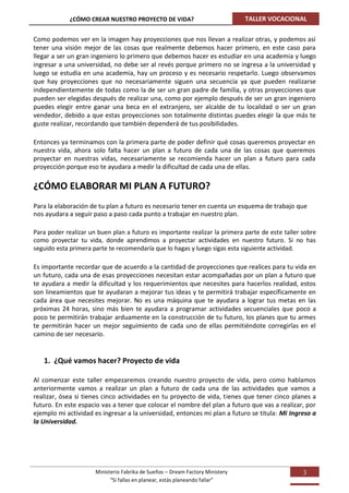 ¿CÓMO CREAR NUESTRO PROYECTO DE VIDA?                             TALLER VOCACIONAL

Como podemos ver en la imagen hay proyecciones que nos llevan a realizar otras, y podemos así
tener una visión mejor de las cosas que realmente debemos hacer primero, en este caso para
llegar a ser un gran ingeniero lo primero que debemos hacer es estudiar en una academia y luego
ingresar a una universidad, no debe ser al revés porque primero no se ingresa a la universidad y
luego se estudia en una academia, hay un proceso y es necesario respetarlo. Luego observamos
que hay proyecciones que no necesariamente siguen una secuencia ya que pueden realizarse
independientemente de todas como la de ser un gran padre de familia, y otras proyecciones que
pueden ser elegidas después de realizar una, como por ejemplo después de ser un gran ingeniero
puedes elegir entre ganar una beca en el extranjero, ser alcalde de tu localidad o ser un gran
vendedor, debido a que estas proyecciones son totalmente distintas puedes elegir la que más te
guste realizar, recordando que también dependerá de tus posibilidades.

Entonces ya terminamos con la primera parte de poder definir qué cosas queremos proyectar en
nuestra vida, ahora solo falta hacer un plan a futuro de cada una de las cosas que queremos
proyectar en nuestras vidas, necesariamente se recomienda hacer un plan a futuro para cada
proyección porque eso te ayudara a medir la dificultad de cada una de ellas.

¿CÓMO ELABORAR MI PLAN A FUTURO?
Para la elaboración de tu plan a futuro es necesario tener en cuenta un esquema de trabajo que
nos ayudara a seguir paso a paso cada punto a trabajar en nuestro plan.

Para poder realizar un buen plan a futuro es importante realizar la primera parte de este taller sobre
como proyectar tu vida, donde aprendimos a proyectar actividades en nuestro futuro. Si no has
seguido esta primera parte te recomendaría que lo hagas y luego sigas esta siguiente actividad.

Es importante recordar que de acuerdo a la cantidad de proyecciones que realices para tu vida en
un futuro, cada una de esas proyecciones necesitan estar acompañadas por un plan a futuro que
te ayudara a medir la dificultad y los requerimientos que necesites para hacerlos realidad, estos
son lineamientos que te ayudaran a mejorar tus ideas y te permitirá trabajar específicamente en
cada área que necesites mejorar. No es una máquina que te ayudara a lograr tus metas en las
próximas 24 horas, sino más bien te ayudara a programar actividades secuenciales que poco a
poco te permitirán trabajar arduamente en la construcción de tu futuro, los planes que tu armes
te permitirán hacer un mejor seguimiento de cada uno de ellas permitiéndote corregirlas en el
camino de ser necesario.


   1. ¿Qué vamos hacer? Proyecto de vida

Al comenzar este taller empezaremos creando nuestro proyecto de vida, pero como hablamos
anteriormente vamos a realizar un plan a futuro de cada una de las actividades que vamos a
realizar, ósea si tienes cinco actividades en tu proyecto de vida, tienes que tener cinco planes a
futuro. En este espacio vas a tener que colocar el nombre del plan a futuro que vas a realizar, por
ejemplo mi actividad es ingresar a la universidad, entonces mi plan a futuro se titula: Mi Ingreso a
la Universidad.




                      Ministerio Fabrika de Sueños – Dream Factory Ministery                     3
                            “Si fallas en planear, estás planeando fallar”
 