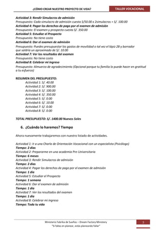 ¿CÓMO CREAR NUESTRO PROYECTO DE VIDA?                              TALLER VOCACIONAL

Actividad 3: Rendir Simulacros de admisión
Presupuesto: Cada simulacro de admisión cuesta S/50.00 x 2simulacros = S/. 100.00
Actividad 4: Pagar los derechos de pago por el examen de admisión
Presupuesto: El examen y prospecto cuesta S/. 350.00
Actividad 5: Estudiar el Prospecto
Presupuesto: No tiene costo
Actividad 6: Dar el examen de admisión
Presupuesto: Puedes presupuestar los gastos de movilidad o tal vez el lápiz 2B y borrador
que saldría un aproximado de S/. 10.00
Actividad 7: Ver los resultados del examen
Presupuesto: No tiene costo
Actividad 8: Celebrar mi ingreso
Presupuesto: Almuerzo de agradecimiento (Opcional porque tu familia lo puede hacer en gratitud
a tu esfuerzo)

RESUMEN DEL PRESUPUESTO:
     Actividad 1: S/. 40.00
     Actividad 2: S/. 900.00
     Actividad 3: S/. 100.00
     Actividad 4: S/. 350.00
     Actividad 5: S/. 0.00
     Actividad 6: S/. 10.00
     Actividad 7: S/. 0.00
     Actividad 8: S/. 0.00

TOTAL PRESUPUESTO: S/. 1400.00 Nuevos Soles

   6. ¿Cuándo lo haremos? Tiempo

Ahora nuevamente trabajaremos con nuestro listado de actividades.

Actividad 1: Ir a una Charla de Orientación Vocacional con un especialista (Psicólogo)
Tiempo: 2 días
Actividad 2: Prepararme en una academia Pre-Universitaria
Tiempo: 6 meses
Actividad 3: Rendir Simulacros de admisión
Tiempo: 2 días
Actividad 4: Pagar los derechos de pago por el examen de admisión
Tiempo: 1 día
Actividad 5: Estudiar el Prospecto
Tiempo: 1 semana
Actividad 6: Dar el examen de admisión
Tiempo: 1 día
Actividad 7: Ver los resultados del examen
Tiempo: 1 día
Actividad 8: Celebrar mi ingreso
Tiempo: Toda tu vida




                      Ministerio Fabrika de Sueños – Dream Factory Ministery                  5
                            “Si fallas en planear, estás planeando fallar”
 