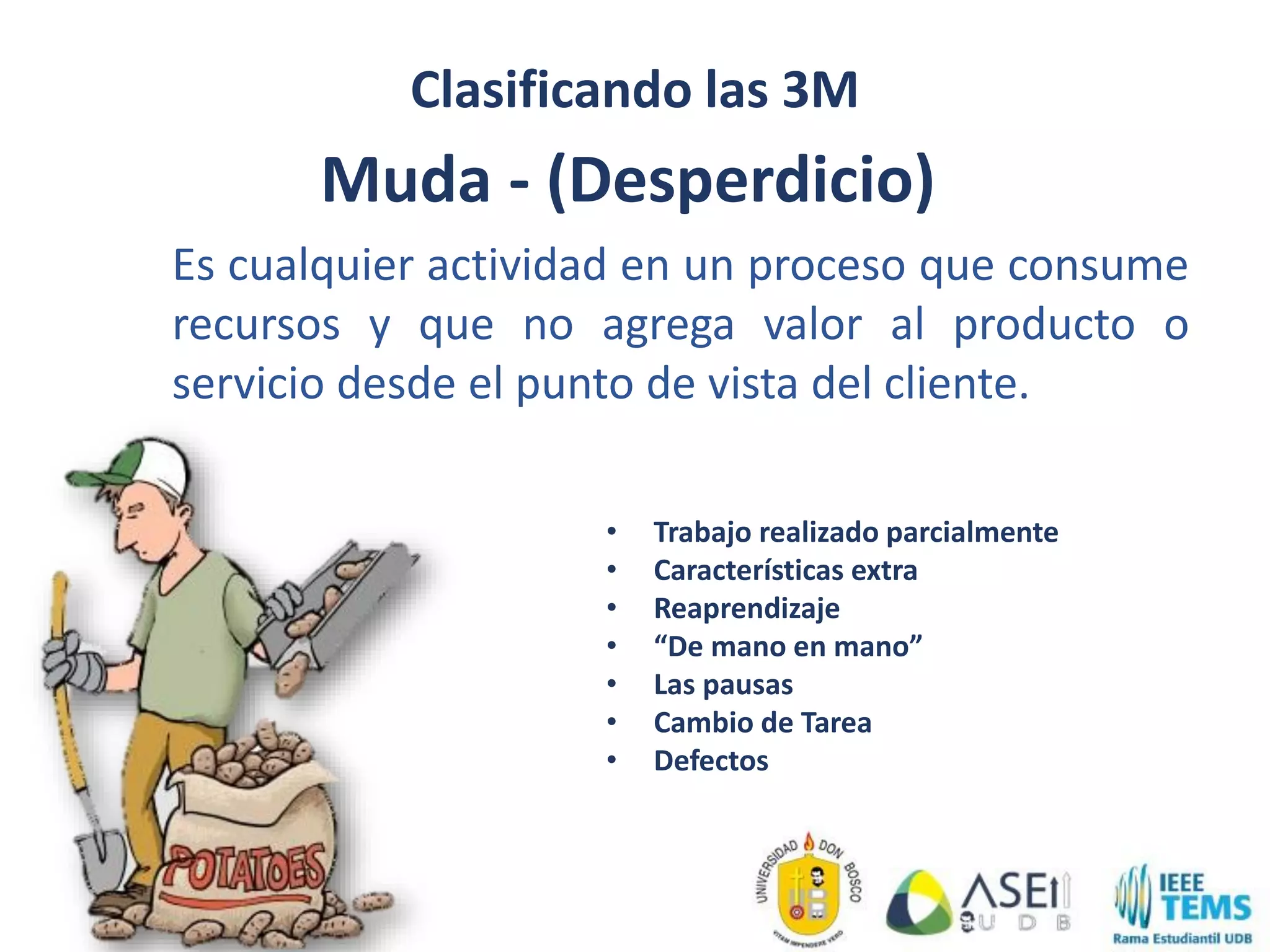 Clasificando las 3M
Muda - (Desperdicio)
Es cualquier actividad en un proceso que consume
recursos y que no agrega valor al producto o
servicio desde el punto de vista del cliente.
• Trabajo realizado parcialmente
• Características extra
• Reaprendizaje
• “De mano en mano”
• Las pausas
• Cambio de Tarea
• Defectos
 