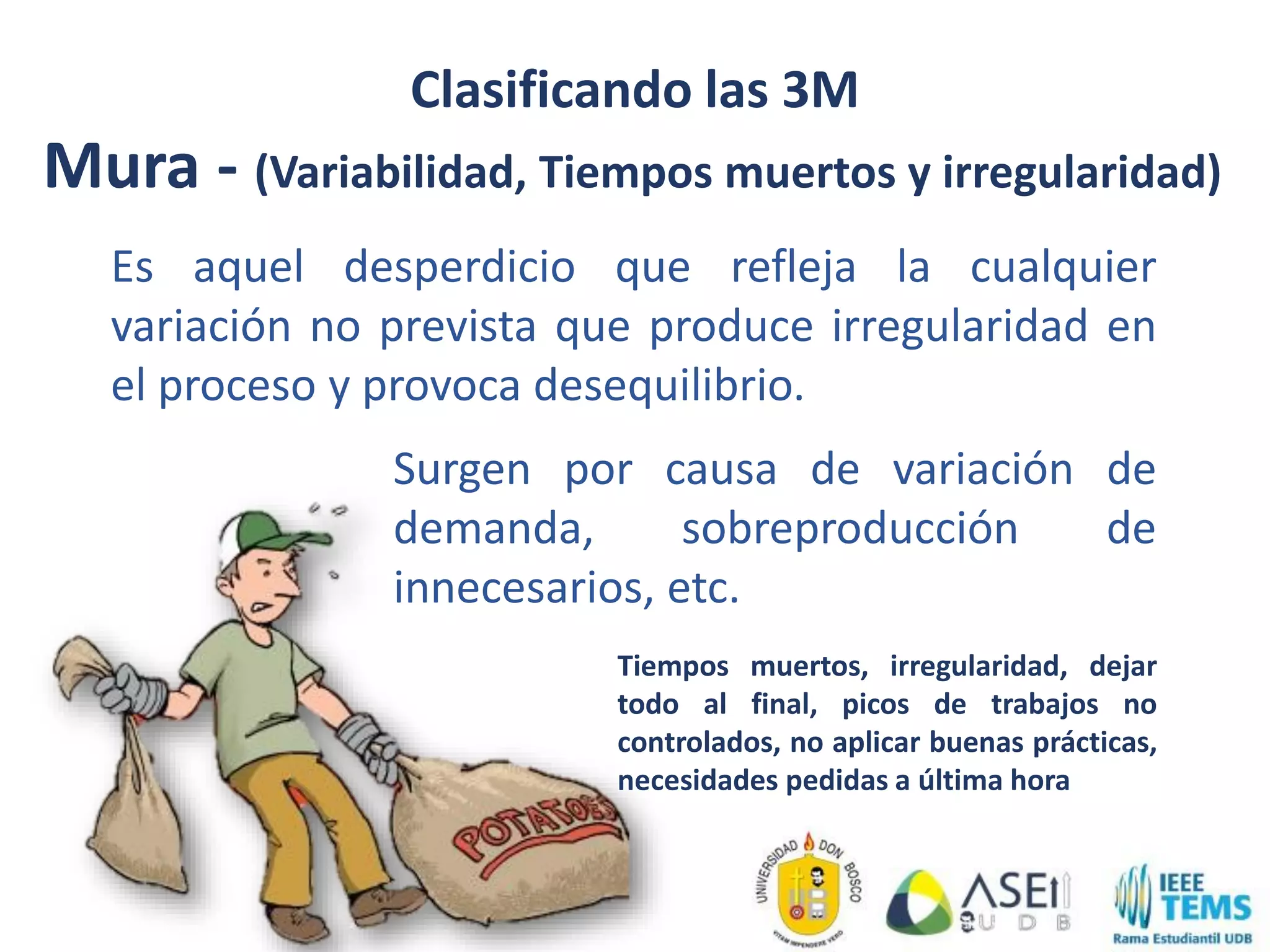 Clasificando las 3M
Mura - (Variabilidad, Tiempos muertos y irregularidad)
Es aquel desperdicio que refleja la cualquier
variación no prevista que produce irregularidad en
el proceso y provoca desequilibrio.
Tiempos muertos, irregularidad, dejar
todo al final, picos de trabajos no
controlados, no aplicar buenas prácticas,
necesidades pedidas a última hora
Surgen por causa de variación de
demanda, sobreproducción de
innecesarios, etc.
 