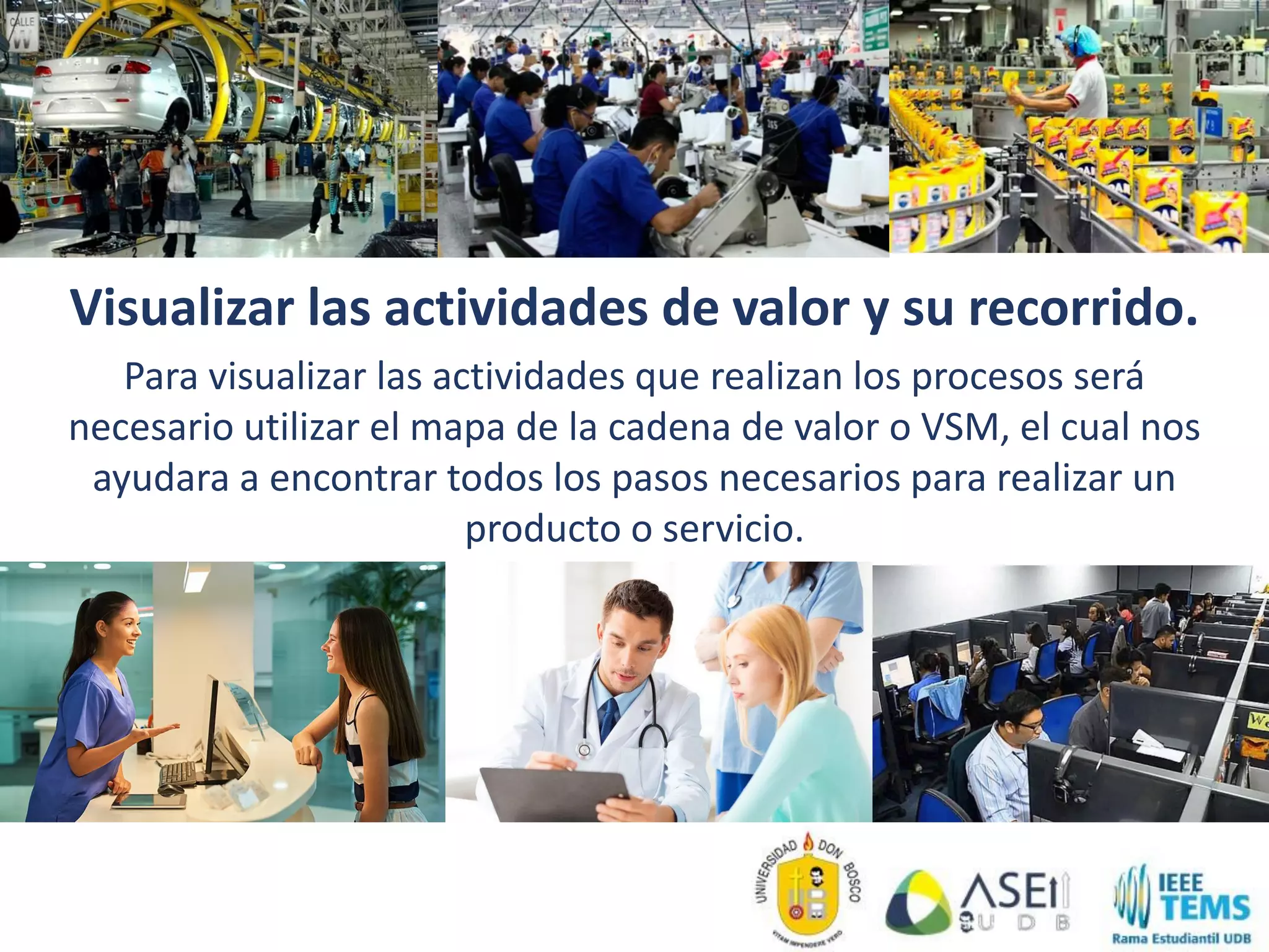 Visualizar las actividades de valor y su recorrido.
Para visualizar las actividades que realizan los procesos será
necesario utilizar el mapa de la cadena de valor o VSM, el cual nos
ayudara a encontrar todos los pasos necesarios para realizar un
producto o servicio.
 
