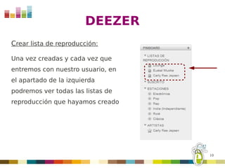 DEEZER
Crear lista de reproducción:

Una vez creadas y cada vez que
entremos con nuestro usuario, en
el apartado de la izquierda
podremos ver todas las listas de
reproducción que hayamos creado




                                   10
 