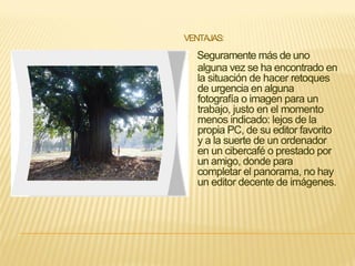 VENTAJAS:
Seguramente más de uno
alguna vez se ha encontrado en
la situación de hacer retoques
de urgencia en alguna
fotografía o imagen para un
trabajo, justo en el momento
menos indicado: lejos de la
propia PC, de su editor favorito
y a la suerte de un ordenador
en un cibercafé o prestado por
un amigo, donde para
completar el panorama, no hay
un editor decente de imágenes.
 