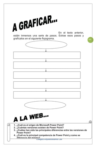 Equipo Académico-Pedagógico Área Tecnología e Informática
Colegios Arquidiocesanos Cali
111
En el texto anterior,
están inmersos una serie de pasos. Extrae esos pasos y
grafícalos en el siguiente flujograma.
1. ¿Cuál es el origen de Microsoft Power Point?
2. ¿Cuántas versiones existen de Power Point?
3. ¿Cuáles han sido las principales diferencias entre las versiones de
Power Point?
4. ¿Cuál es la principal competencia de Power Point y como se
diferencia del mismo?
 