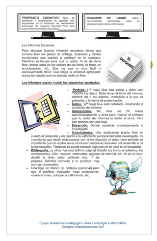 Equipo Académico-Pedagógico Área Tecnología e Informática
Colegios Arquidiocesanos Cali
41
Los Informes Escolares
Para elaborar buenos informes escolares tienes que
conocer bien los plazos de entrega, extensión y demás
condiciones que planteó el profesor en la consigna.
Planificar el tiempo para que te sobre. Si es de tema
libre, busca ideas en los índices de los libros de texto, en
enciclopedias, etc. Que no sea ni muy fácil ni
excesivamente difícil. Que tenga la amplitud apropiada:
nunca tan amplio que no puedas darle un final.
Los Informes suelen incluir los siguientes apartados:
Portada: (1ª hoja) Que sea bonita y clara, con
TODOS tus datos. Debe tener el título del informe,
nombre del o los autores, institución a la que se
presenta, y la fecha de presentación.
Índice: (2ª hoja) Que esté detallado, mostrando el
contenido del informe
Introducción: No más de 20 líneas
aproximadamente, y sirve para mostrar el enfoque
que tu (autor del informe) le darás al tema. Para
eso alcanza con una hoja
Desarrollo: Donde muestras ordenadamente lo
investigado.
Conclusiones: Una explicación propia final en
cuanto al contenido y en cuanto a tu valoración personal del tema investigado. Es
importante que estén relacionadas con la introducción al tema, pero también es
importante que no repitas en la conclusión oraciones textuales del desarrollo o de
la introducción. Tampoco se puede concluir algo que no se trató en el desarrollo
Bibliografía: (y otras fuentes) (última página) Detalla los libros empleados, las
enciclopedias, CDs, museos, entrevistas, páginas de Internet, etc. Si es un libro:
detalla el título, autor, editorial, año, nº de
páginas. Siempre consulta a tu profesor: hay
normas universales.
Una hoja en blanco de cortesía (opcional) para
que el profesor evaluador haga anotaciones,
observaciones, coloque la calificación, etc.
PROPOSITO COGNITIVO: Que yo
Identifique y comprehenda los aspectos más
importantes de la utilización de herramientas
avanzadas del programa Microsoft Word para
crear informes escolares de calidad
INDICADOR DE LOGRO: Utilizo
herramientas pertinentes para el
procesamiento de la información
 