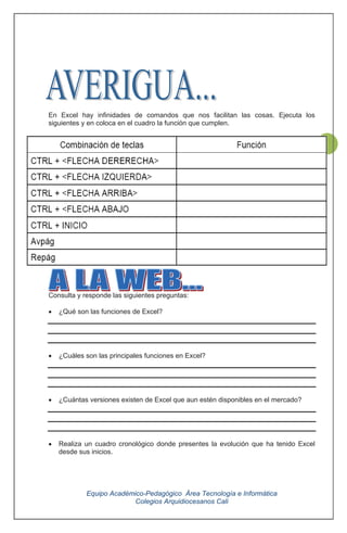 Equipo Académico-Pedagógico Área Tecnología e Informática
Colegios Arquidiocesanos Cali
59
En Excel hay infinidades de comandos que nos facilitan las cosas. Ejecuta los
siguientes y en coloca en el cuadro la función que cumplen.
Consulta y responde las siguientes preguntas:
¿Qué son las funciones de Excel?
¿Cuáles son las principales funciones en Excel?
¿Cuántas versiones existen de Excel que aun estén disponibles en el mercado?
Realiza un cuadro cronológico donde presentes la evolución que ha tenido Excel
desde sus inicios.
 