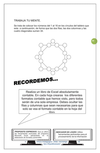 Equipo Académico-Pedagógico Área Tecnología e Informática
Colegios Arquidiocesanos Cali
80
TRABAJA TU MENTE.
Se trata de colocar los números del 1 al 16 en los círculos del tablero que
esta a continuación, de forma que las dos filas, las dos columnas y las
cuatro diagonales sumen 34.
PROPOSITO EXPRESIVO: Que yo utilice
las herramientas avanzadas del programa
Microsoft Excel aplicándolas en la
elaboración de formatos comerciales
INDICADOR DE LOGRO: Utilizo
herramientas pertinentes para el
procesamiento de la información
Realiza un libro de Excel absolutamente
contable. En cada hoja crearas los diferentes
formatos contable que hemos visto, pero todos
serán de una sola empresa. Debes ocultar las
filas y columnas que sean necesarias para que
solo se vea el formato contable en la hoja del
libro.
 