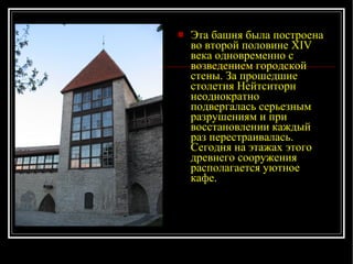 Эта башня была построена во второй половине XIV века одновременно с возведением городской стены. За прошедшие столетия Нейтситорн неоднократно подвергалась серьезным разрушениям и при восстановлении каждый раз перестраивалась. Сегодня на этажах этого древнего сооружения располагается уютное кафе. 