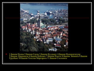 1.Башня Нунна 2.Башня Сауна 3.Башня Кулдьялг 4.Башня Нуннадетагуне 5.Башня Левеншеде 6.Башня Кейсмяэ 7.Башня Платте 8.Башня Эппинга 9.Башня Грусбеке 10.Башня Толстая Маргарита 11.Башня Столтинга 