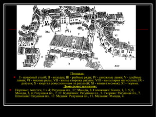 Площадь: I - позорный столб; II - колодец; III - рыбные ряды; IV - сапожные лавки; V - хлебные лавки; VI - мясные ряды; VII - жилье сторожа ратуши; VIII - канцелярия магистрата; IX - ратуша; X - квартал ремесленников за ратушей; XI - важня (весовая); XI - тюрьма. Дома ремесленников: Портные: Аптеэги, 1 и 4; Ратушная пл., 17; Мюнди, 8. Сапожники: Кинга, 1, 3, 5, 8; Мюнди, 3, 4; Ратушная пл., 7, 17. Кушачник: Ратушная пл., 5. Скорняк: Ратушная пл., 7. Шляпник: Ратушная пл., 17. Медник: Ратушная пл., 17. Мельник: Мюнди, 4.  